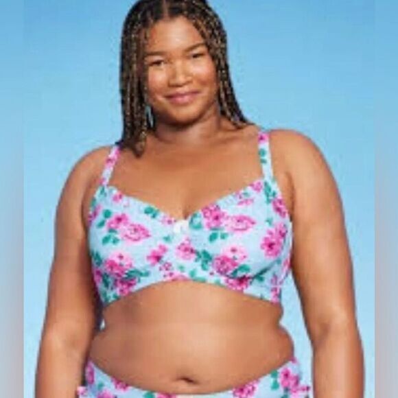 NWT Wild Fable Plus Size Floral Blue Pink Ruffle Underwire Bikini Top - Size 18 - Picture 1 of 10
